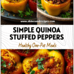 Closeup of stuffed peppers with quinoa and fresh herbs served on a rustic table